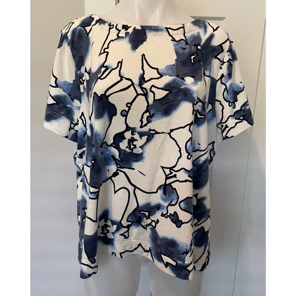CHICOS Womens Knit TOP Short Sleeve BLUE Off-White Size 3 (XL)